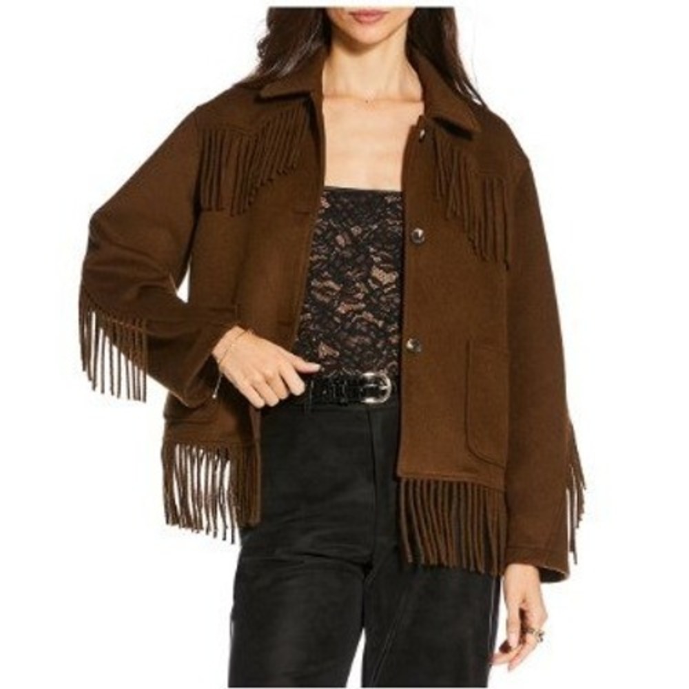 Gianni Bini x Sydney Silverman Brown Alexa Double Face Wool Fringe Jacket 10 NWT